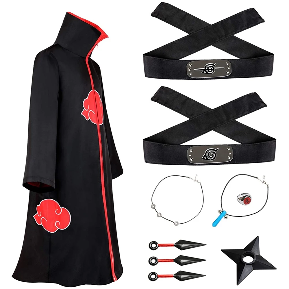 Disfraz de Akatsuki para niños y adultos, túnica larga Unisex, Cosplay de Halloween, capa de Hokage, Ninja, Itachi, diadema, accesorios, regalo de Kunai Shuriken