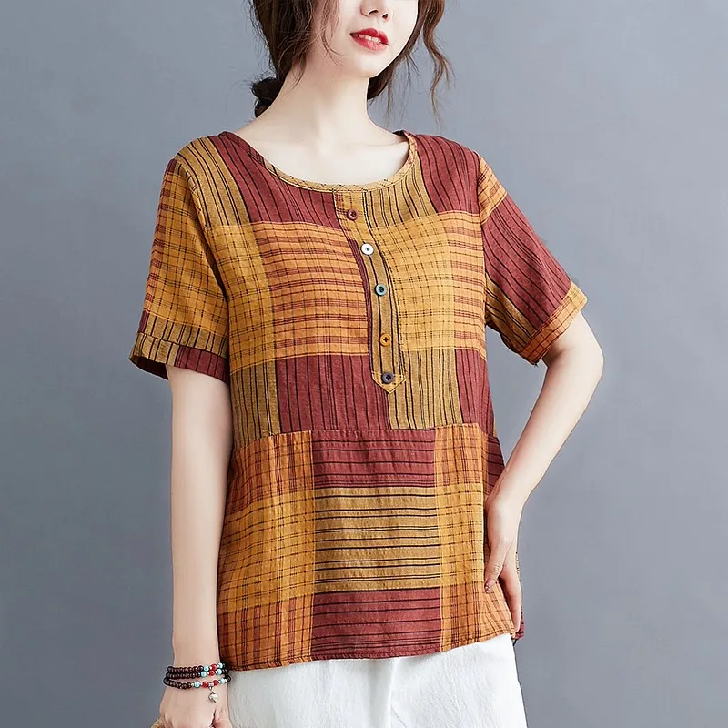 

Women Summer Cotton Linen Casual T-shirt New Arrival 2021 Vintage Style Plaid Print Loose Female Short Sleeve Tops Tees S3916