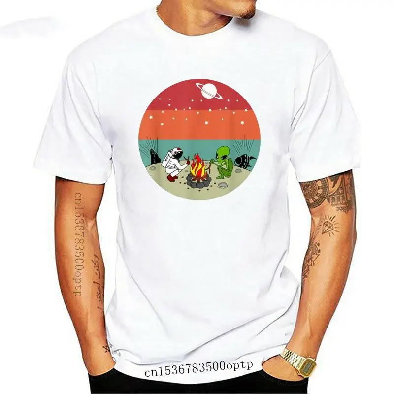 

Astronaut Meets Alien Fire Camping Planet Vintage Black T-Shirt S-3Xl Free Style Tee Shirt