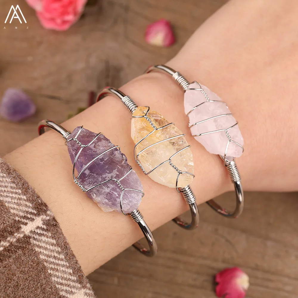 

Delicate Women Chunky Stone Beads Cuff Bracelet Natural Roses Citrines Amethysts Quartz Beads Open Bangle Bracelet Women Jewelry
