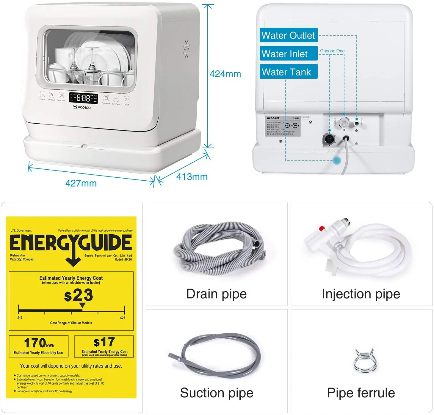 

MOOSOO MX20 Countertop Dishwasher, Portable Dishwasher with 7.5 L Separated Water Tank and Air-Dry Function, 6 Washing PROGRAMS