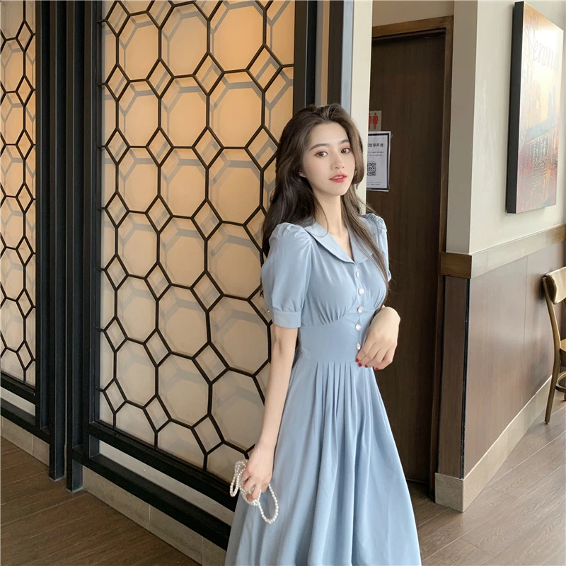 

2021 Long Dress Women Puff Sleeve Square Collar Beach Party Dress Elastic Waist Summer Dress Elegant Skirt Y686