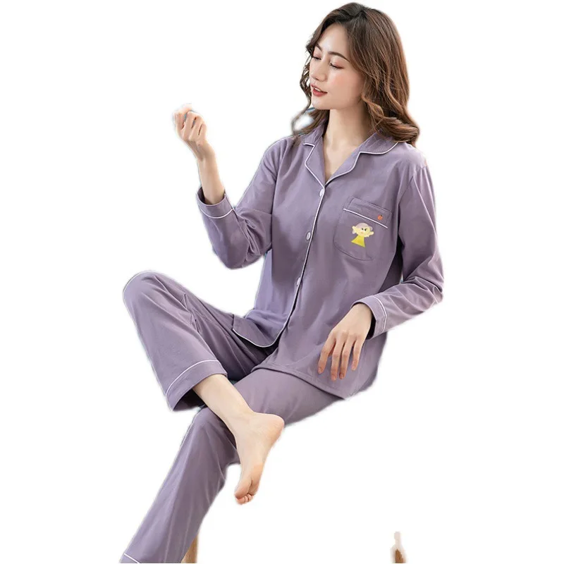 Spring Autumn New Pajamas Women's Solid Color Long Sleeve Nightgown & Sleepstirts Suit Lapel Home Wear Sleepwear Full Length