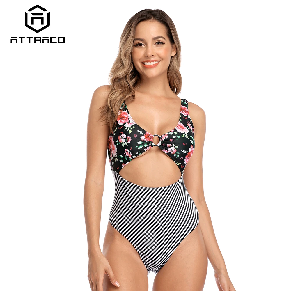 

Attraco Women Monokini Swimsuit Swimwear One-piece Floral Patchwork Striped Buckle Sexy Backless bandaged Bathing suit Beachwear