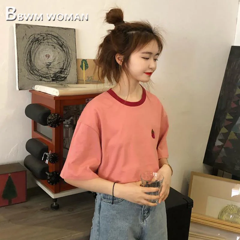 Корейская Летняя женская футболка клубника популярные женские футболки