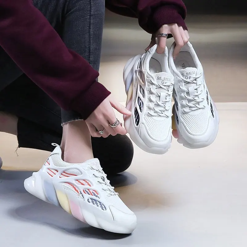 

2021 Genuine Leather Rainbow Sole Design Women Mesh Vulcanize Shoes Casual Breathable Comfortable Platform Chunky Sneakers