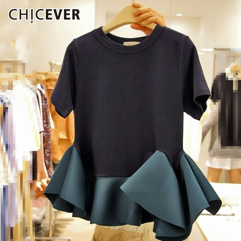 Женская футболка с оборками круглым вырезом и коротким рукавом | одежда