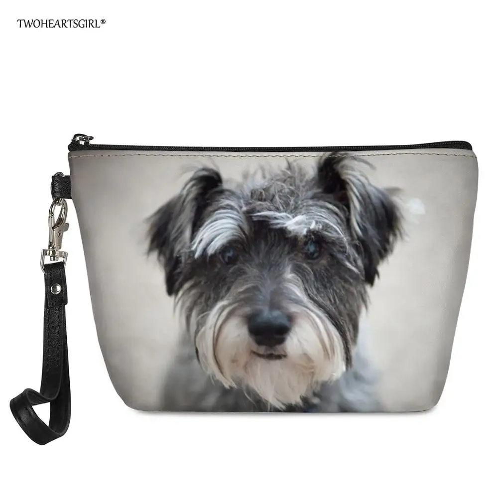 

Женская кожаная косметичка twoheart sgirl с изображением собаки шнауцера, Женская дорожная косметичка для макияжа, портативная косметичка для ту...