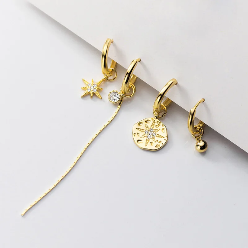925 Sterling Silver Circle Round Star Drop Earrings for Women Asymmetry Zircon Tassel Chain Simple Hoop Fine Jewelry | Украшения и
