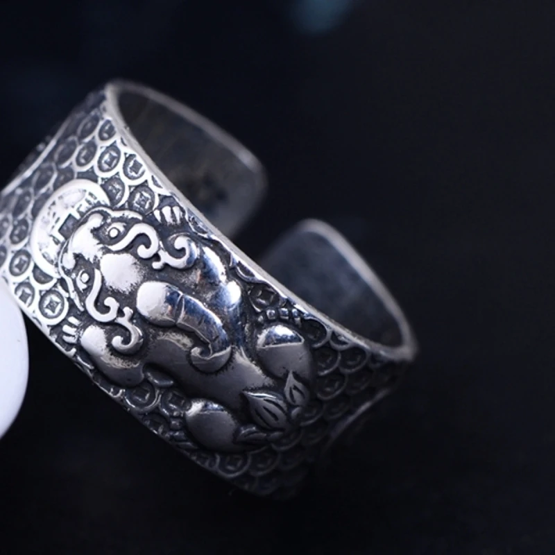 

Sterling Silver Ring Fine Silver Luck Bless Pixiu Style Band Ring 11mmW Open Size Gift For Adult