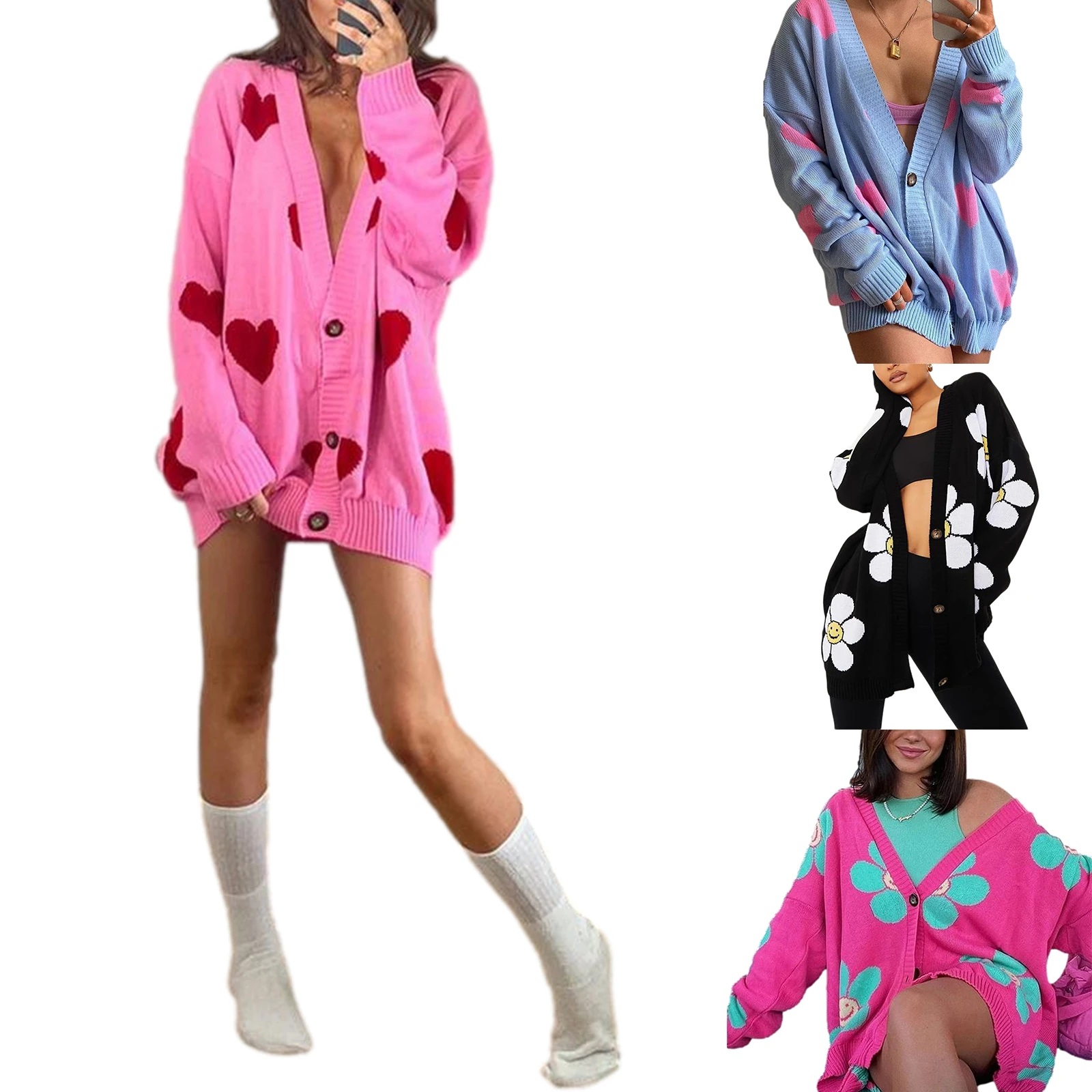 

Women Button-down Cardigan, Adults Heart/Flower Print Long Sleeve V-neck Ribbed Trim Outerwear