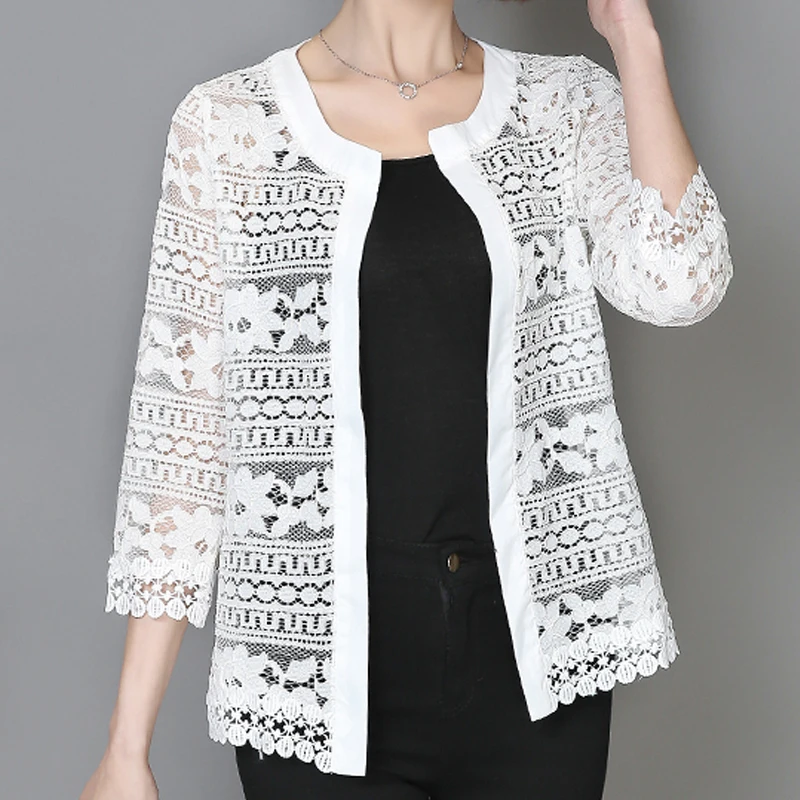 

Spring 2020 Plus Size Women Clothing 5XL Ladies White Lace Blouse Summer Cardigan Coat Black Crochet Sexy Female Blouse Shirt