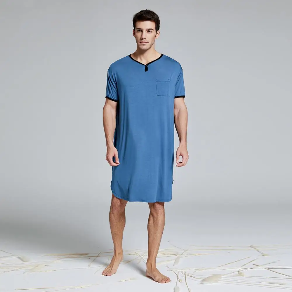 BLUE SOLID COLOR Мужская Летняя хлопковая длинная футболка, ночная рубашка с коротким рукавом, большие и большие размеры, удобная домашняя одежда, пижамы - Цвет: BLUE SOLID COLOR