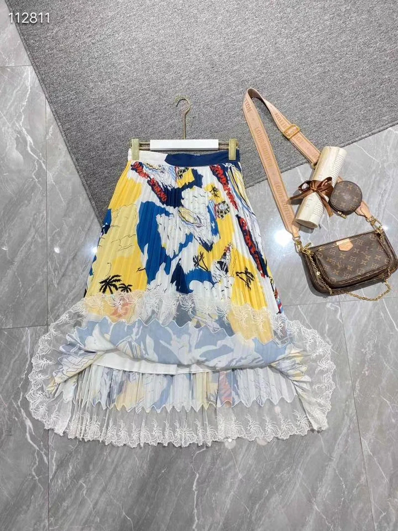 

New Women Hollow Out Vintage Print Pleated Midi Skirt Ladies Lace Female Skirts