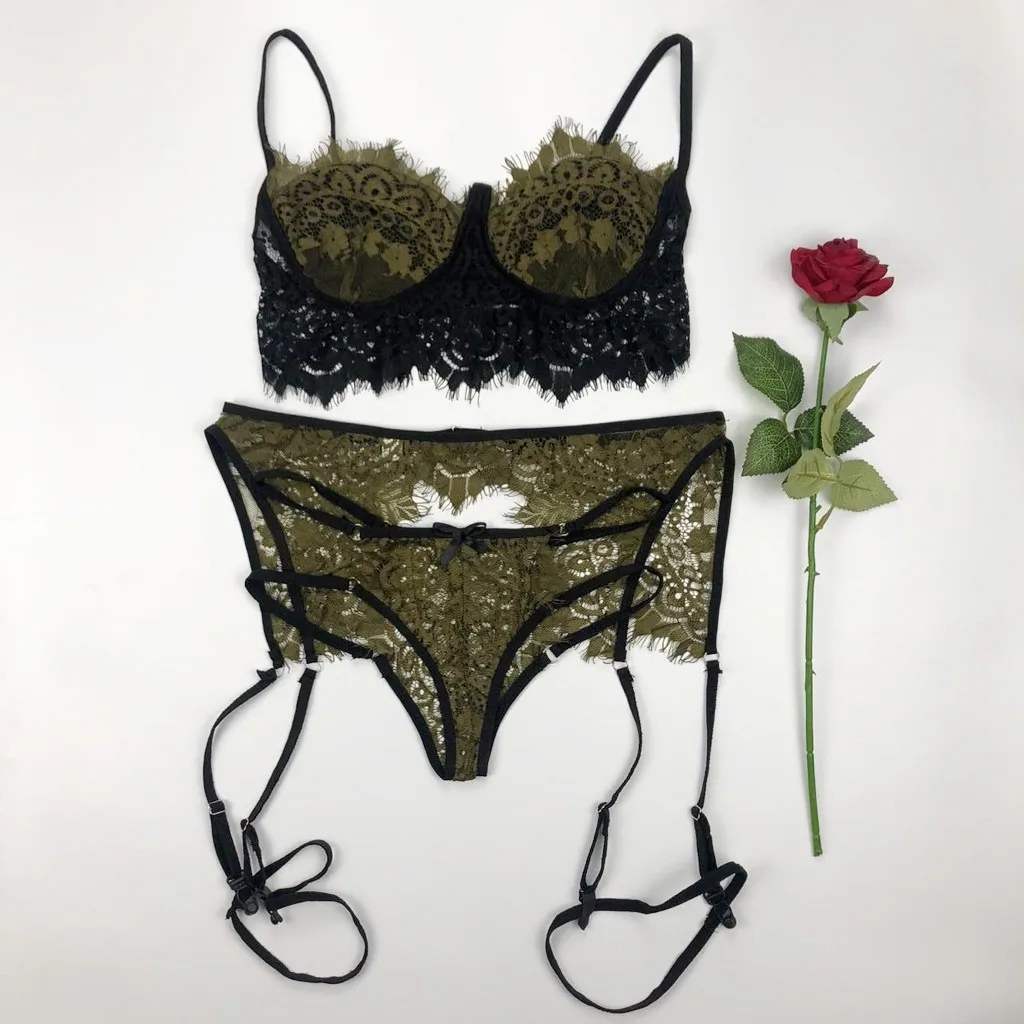 Женский кружевной ансамбль Soutien Gorge Culotte, сексуальное женское белье, бюстгальтер на бретельках и трусики, набор подвязок, нижнее белье, Babydoll Lenceria Mujer