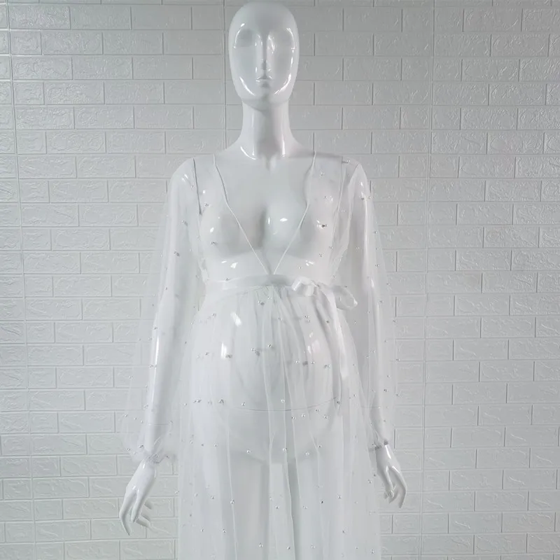 Длинное платье-кимоно для беременных Тюлевое платье с жемчужинами 2020 |