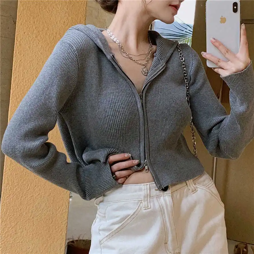 

2021 Women Knitted Sweater Autumn Elegant Retro Casual Solid Zipper Cropped Hoodies Sweatshirts Cardigan Outwear Jumpers Winter