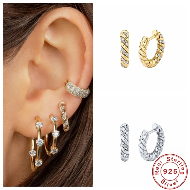 

BOAKO Fashion 925 Sterling Silver Twist Circle Bling White Crystal Zircon Huggie Hoop Earring Hiphop for Women Jewelry Pendiente
