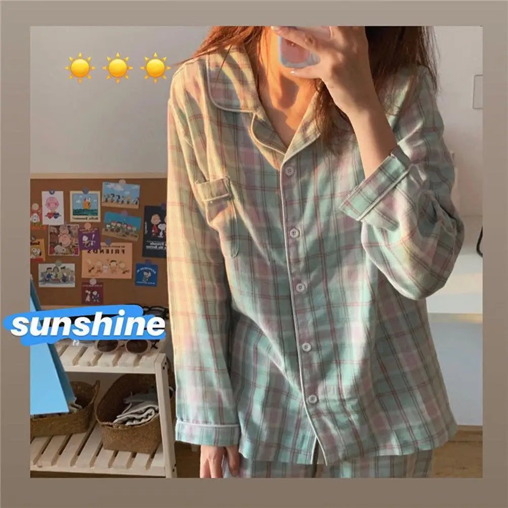 2 Pcs/set Women Pajamas Set  L-XXL Clothes Ladies Flannel Cotton Home Wear Suit Autumn Winter Pajamas Plaid Tops Pants