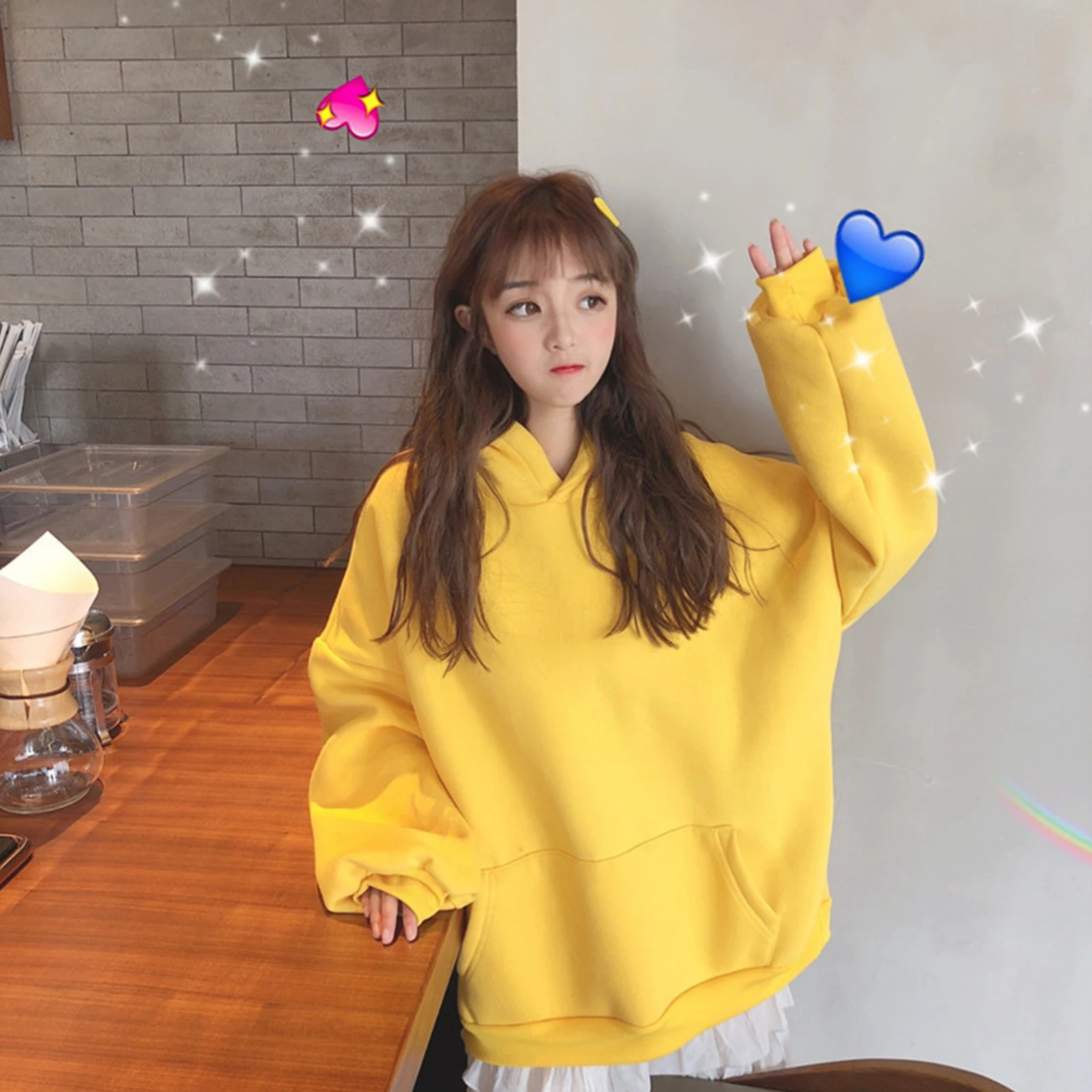 Women Cartoon Hood Long Sleeve Solid Color Hoodie Autumn Winter Plush Sweatshirt