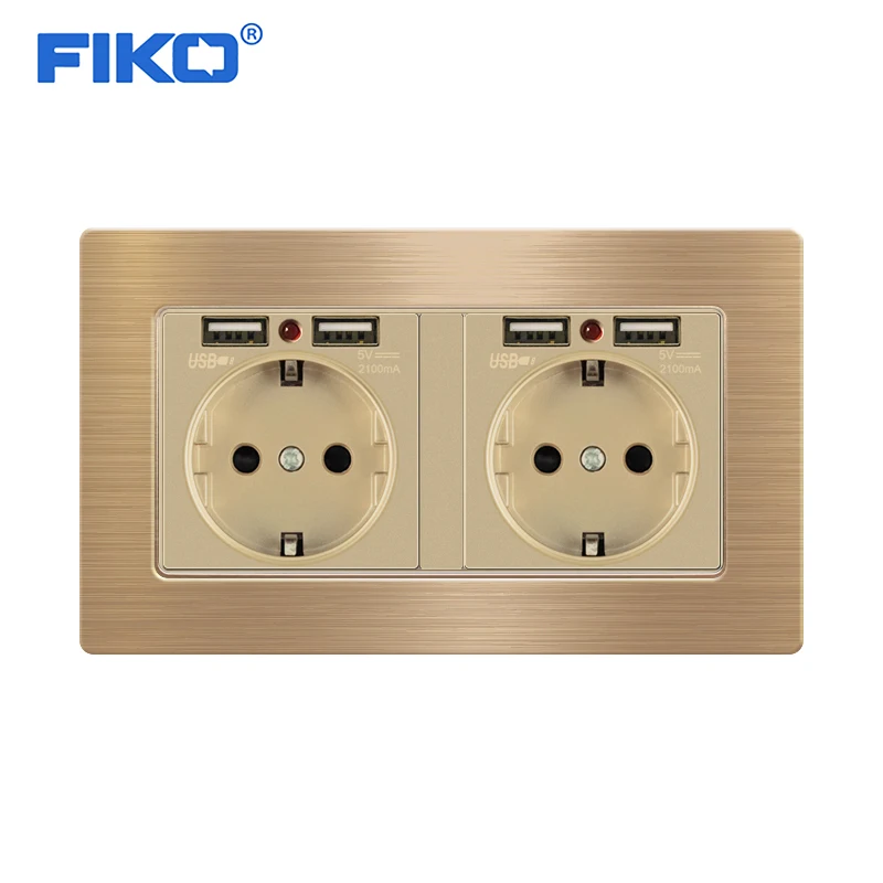 

FIKO 16A EU dual frame wall socket stainless steel panel double socket with usb family hotel 146mm*86mm