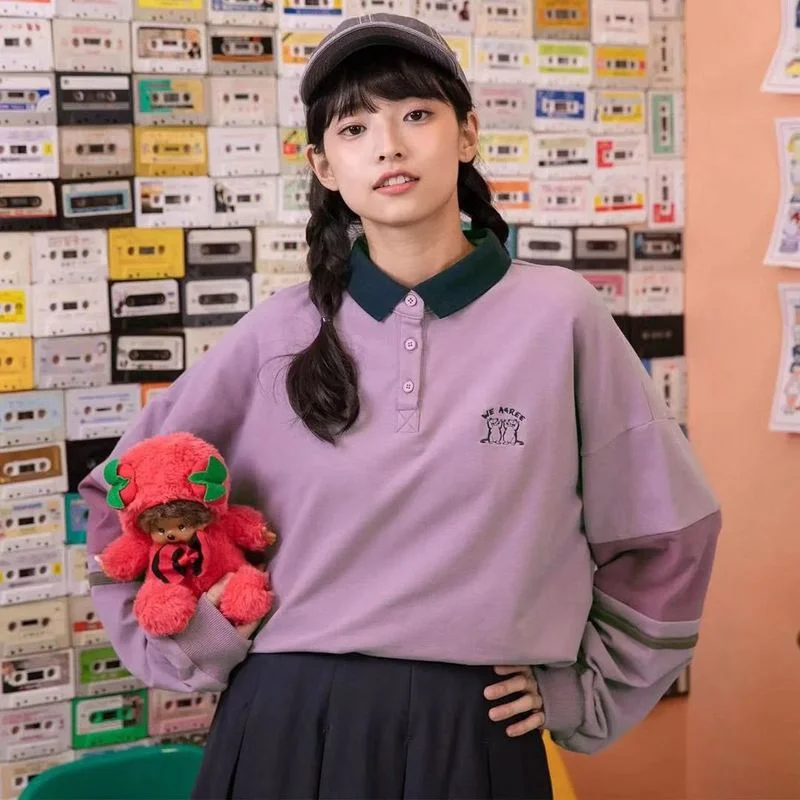 

Polo Collar Cartoon Print Patchwork Vintage Sweatshirt Women Long Sleeve Kawaii Hoodie Japanese Fashion Streetwear Nice Spring
