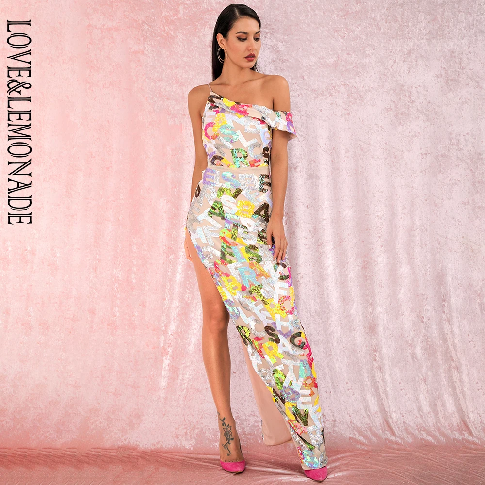 Женское вечернее платье макси LOVE & LEMONADE облегающее с разрезом и блестками модель