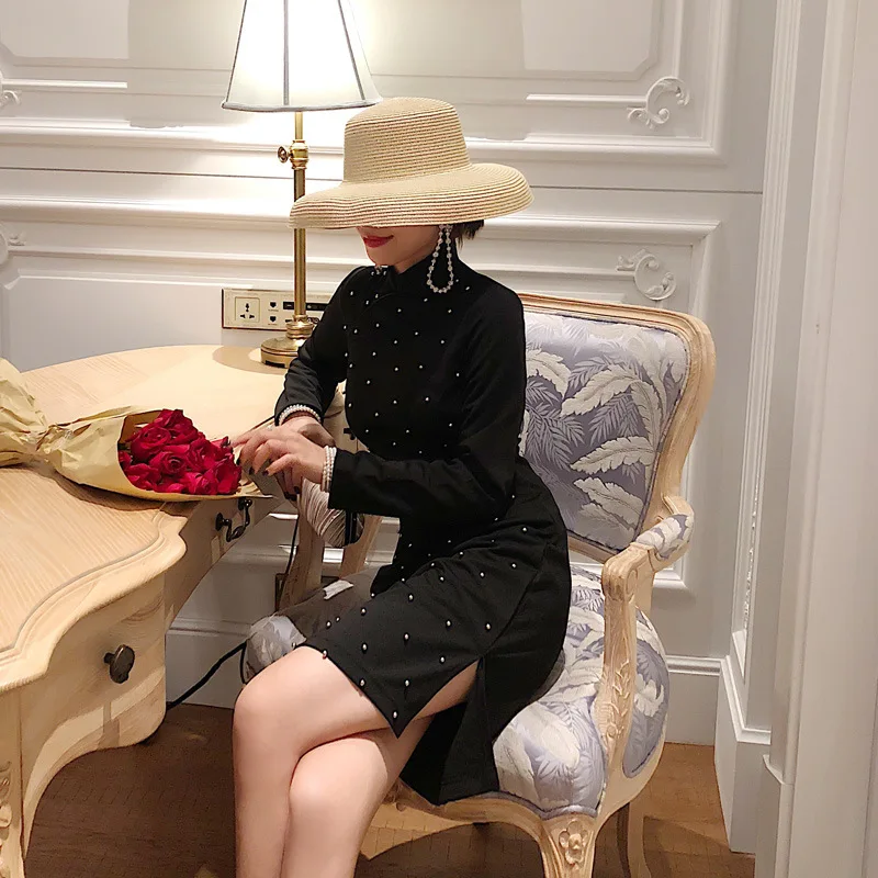 Осеннее винтажное платье размера плюс женское черное чонсам зимнее с запахом