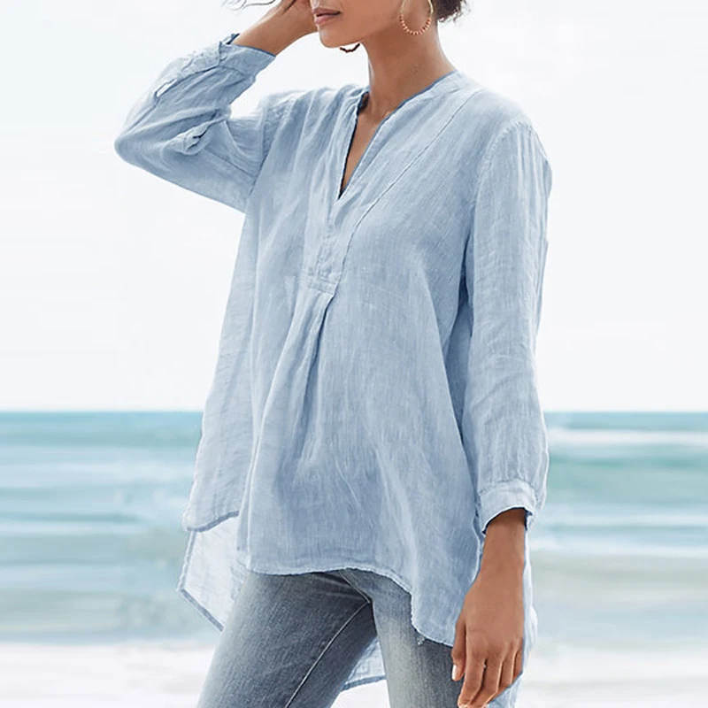 

Blouse Women Casual Loose Linen O-neck Solid Shirt Tunic Tops Chemise Femme Plus Size Blouses Camisas Mujer