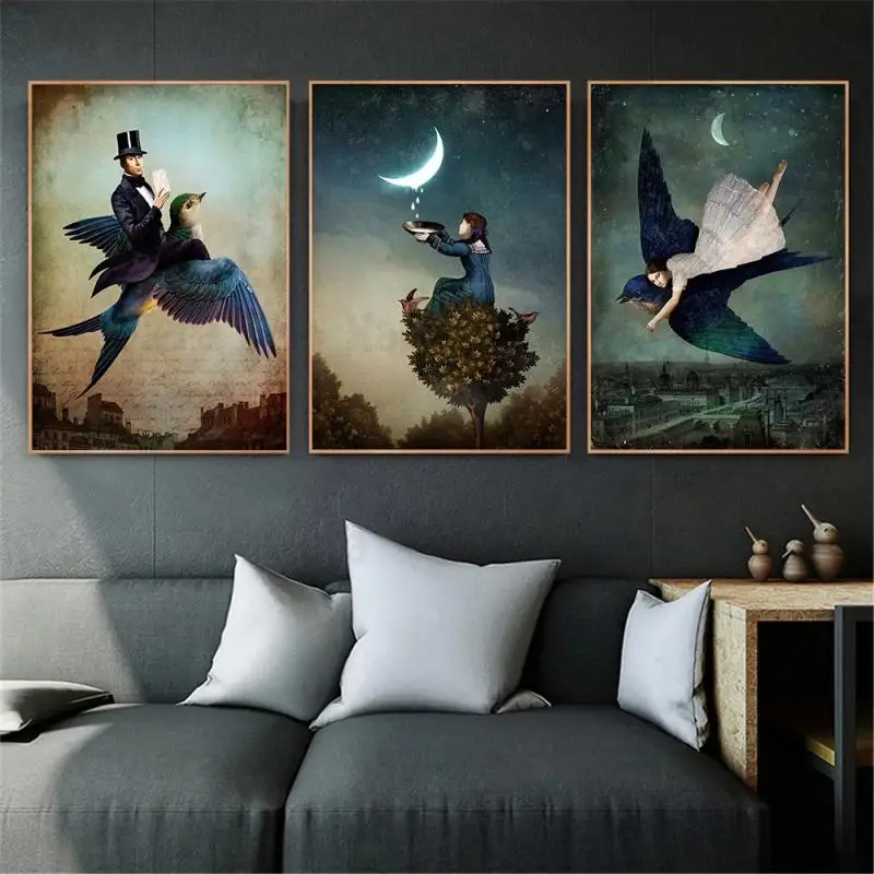 

Abstract Fantastic Figure Poster Moonlight Girl Man Animals Vintage Surreal Style Wall Art for Living Room Decor Home Decor