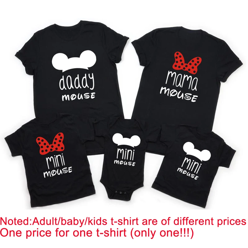 

1pc New Father Mother Kids Baby Family Matching Clothes Short Sleeve Cartoon Tops Round Neck Outfits Summer Look Black T-Shirts