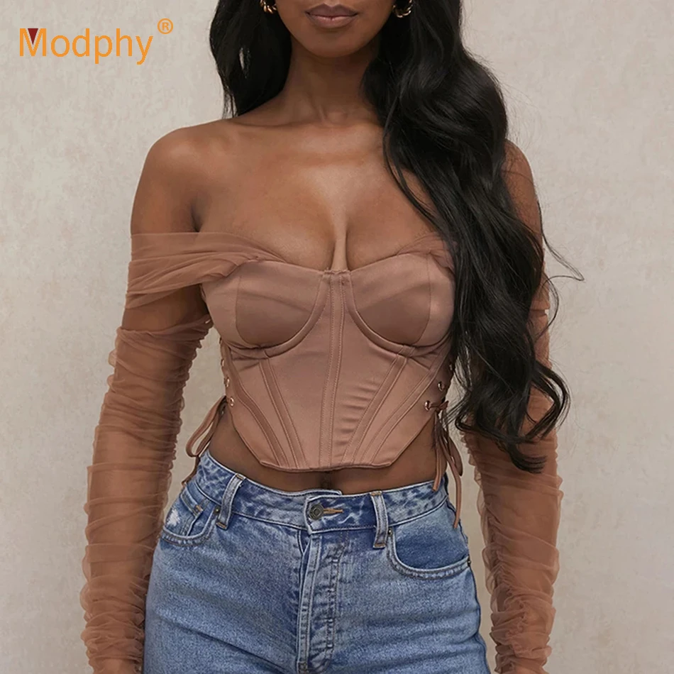 

Women'S Top Summer Tulle Draped Stitching Strapless Sexy Side Cross Lace-Up Champagne Cropped Tops 2021 Summer Female Tide