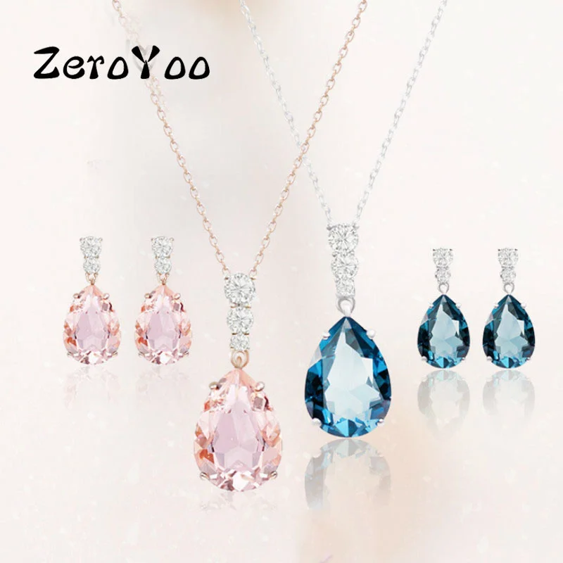

Swa Fashion Jewelry Set High Quality Charms Sweet Luxury Crystal Romantic Blue Pink Water Drop Earrings Necklace Free Shipping