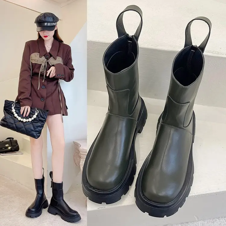 

Женские сапоги до середины икры-Женская Осенняя обувь роскошная дизайнерская зимняя обувь Челси с круглым носком кожа 2021 до середины икры д...