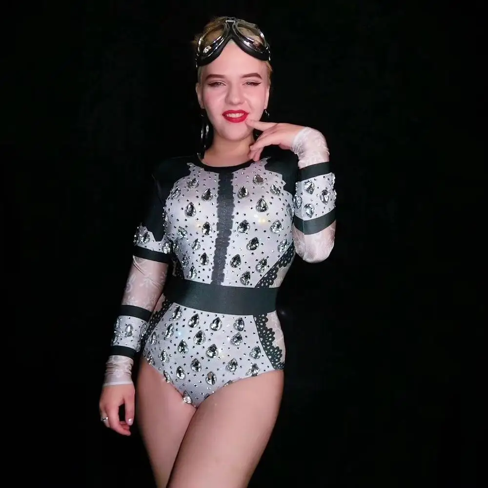 Big Rhinestones Long Sleeve Bodysuit Elastic Crystals Bodysuits Bar Nightclub DJ Singer Dancer Tight Costume Leotard Stage Wear