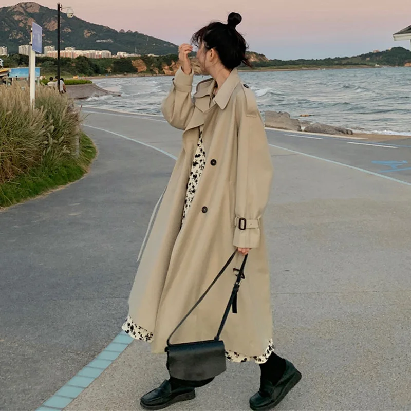 Тренчкот женский двубортный свободного покроя Длинный плащ-Тренч ветровка