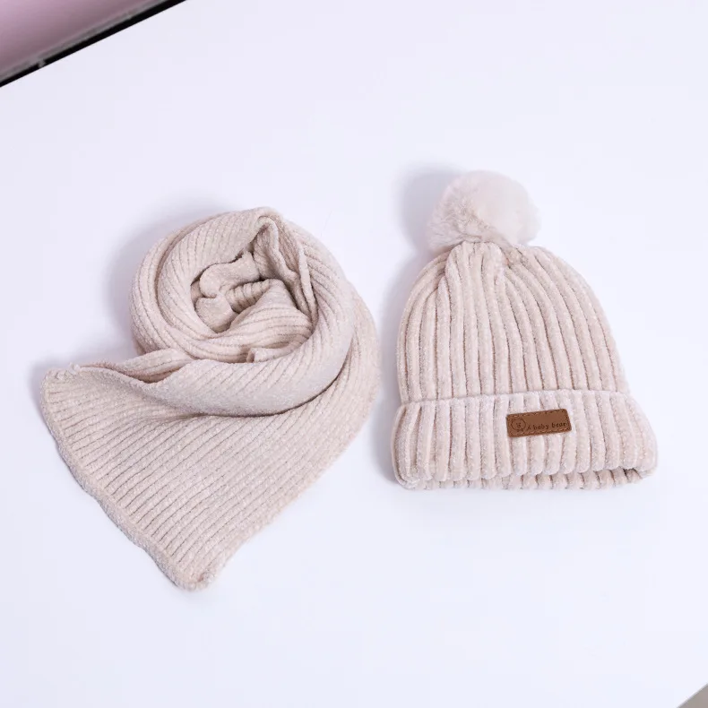 Beige 2Pcs 2 шт./3 шт./компл., детские наборы шарф Шапка Зимняя Теплая Бархатная шапка шарф перчатки для маленьких мальчиков и девочек, костюмы хлопковая шерсть Младенческая шапочка, шапки - Цвет: Beige 2Pcs
