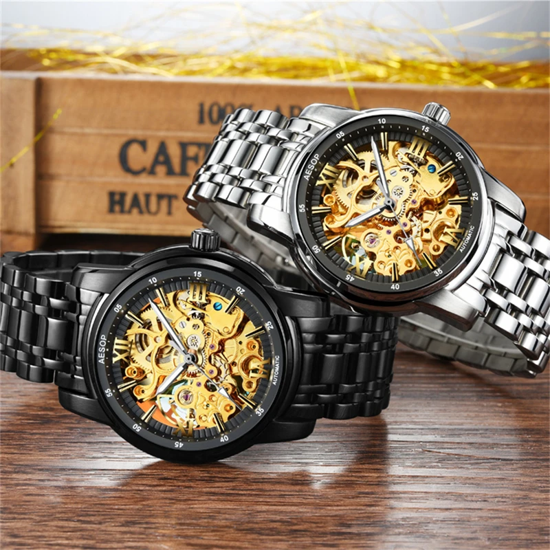 

AESOP Men Skeleton Watch Waterproof Sapphire Stainless Steel Fashion Mechanical Wristwatches Hollow Automatic Mens Watches 9013