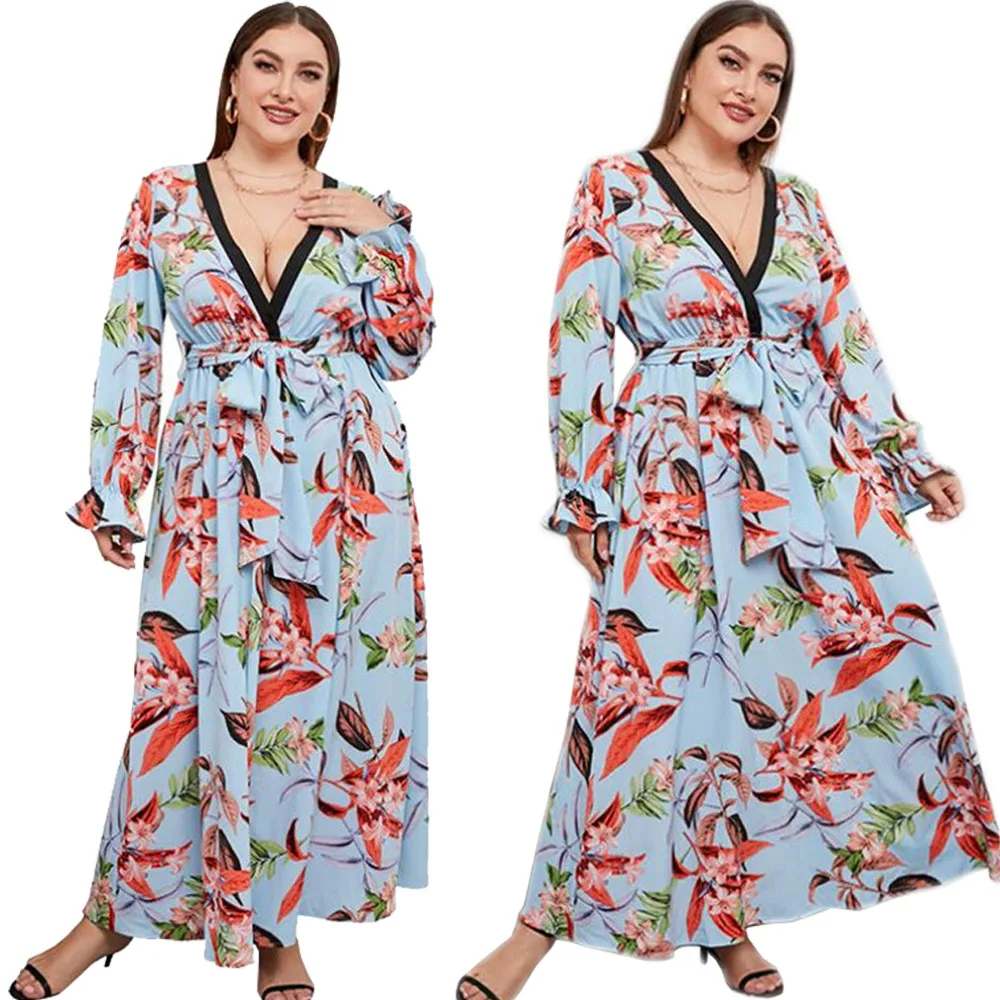 

Bohemian Casual Loose Printed New Fashion Women Long Dress Party Evening Beach Holiday V-neck High Waist Ankle Length Plus Size