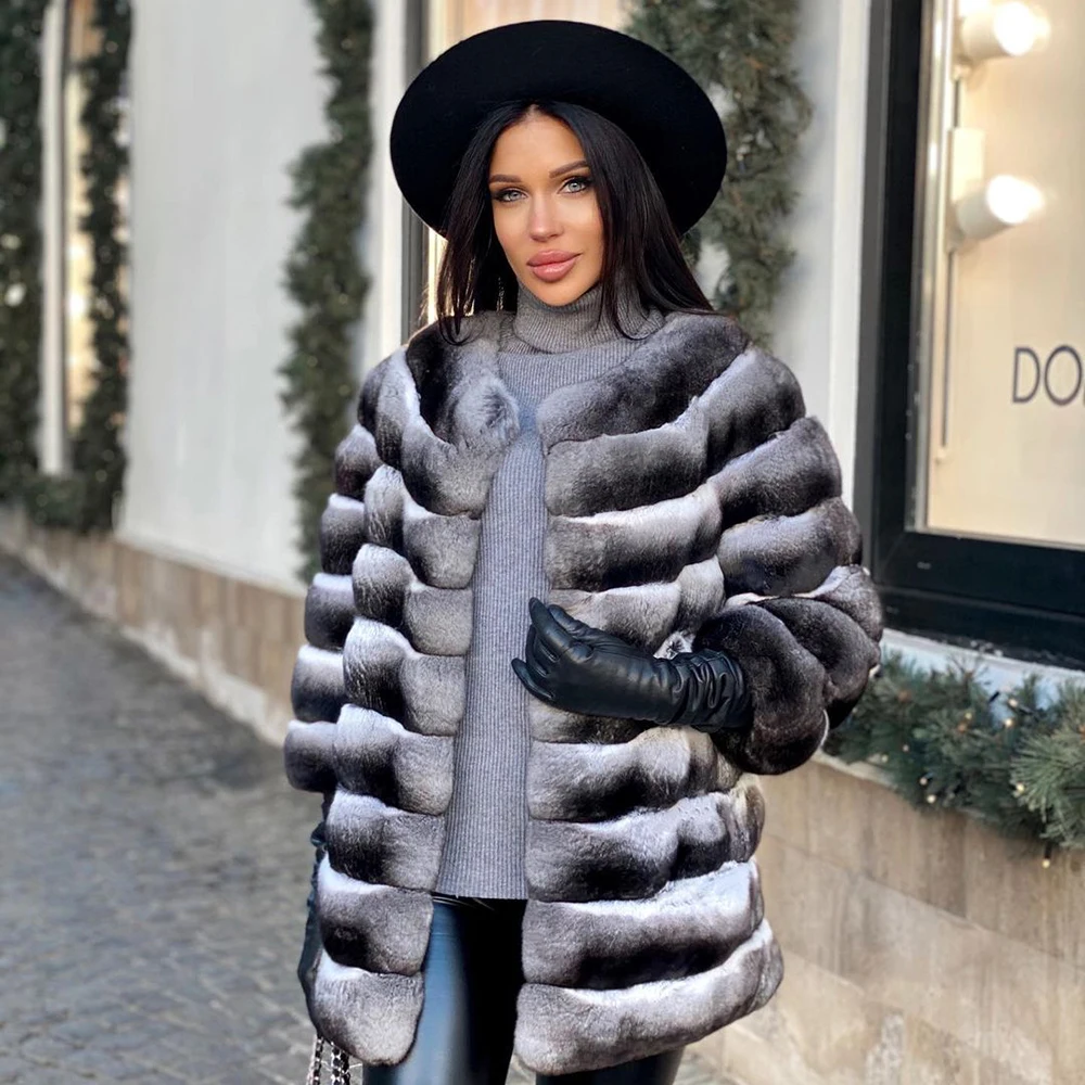 2022 Fashion Women Real Fur Coat Winter New Full Plet Genuine Rex Rabbit Fur Jacket Chnchilla Color Trendy Fur Overcoat Luxury