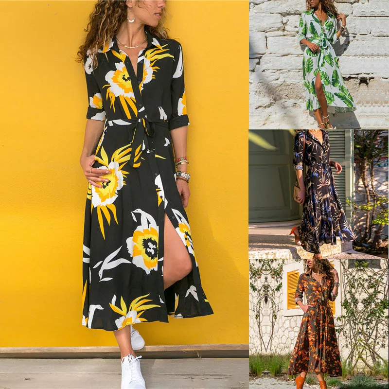 

Women's Floral Printed Dress 2020 Autumn New Casual Lace-up Vestido Ladies Vogue High Waist Elegant Maxi Split Dresses With Sash