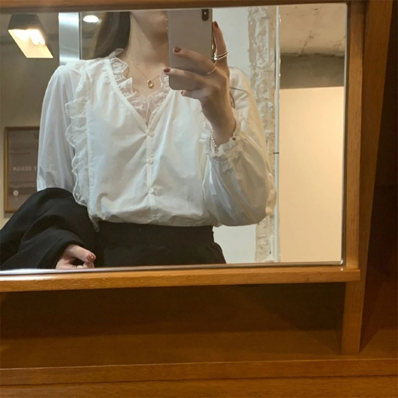 

Women Spring White Blouse Puff Long Sleeve Sexy V-Neck Shirt Button Down Ruffles Floral Lace Splicing Office Streetwear