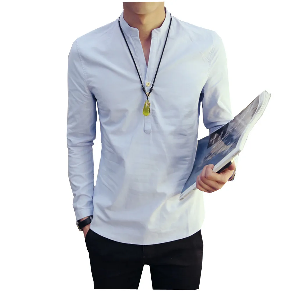 Мужская повседневная хлопковая льняная рубашка Хэнли 2019 осеннее платье мужская