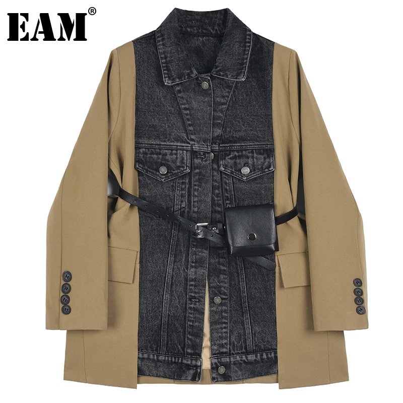 

[EAM] Women Khaki Denim Big Size Belted Blazer New Lapel Long Sleeve Loose Fit Jacket Fashion Tide Spring Autumn 2022 1DE5810