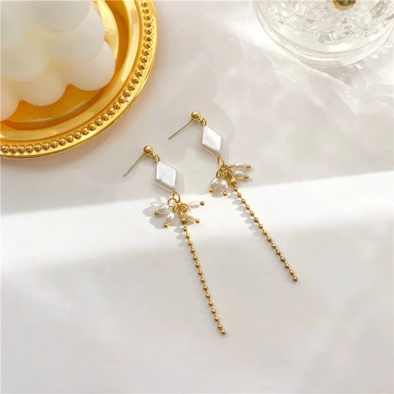 

Senior fashion metal feeling sweet pearl earrings long tassels face thin stud earrings
