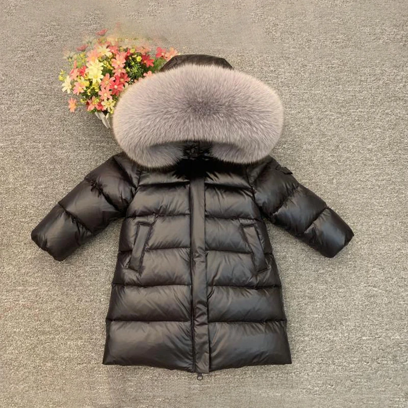 Gray Fox Black Пальто с меховым капюшоном для девочек, Россия-30 зимняя теплая пуховая куртка детское длинное пальто для маленьких мальчиков ветрозащитная детская одежда Зимний комбинезон - Цвет: Gray Fox Black