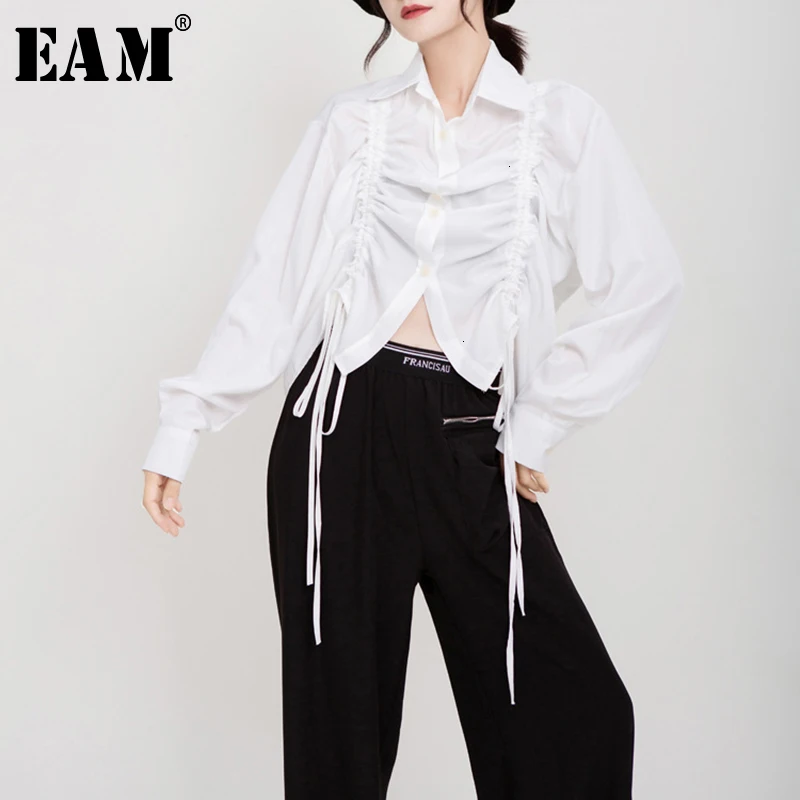 [EAM] Женская плиссированная блуза большого размера на завязках новая свободная