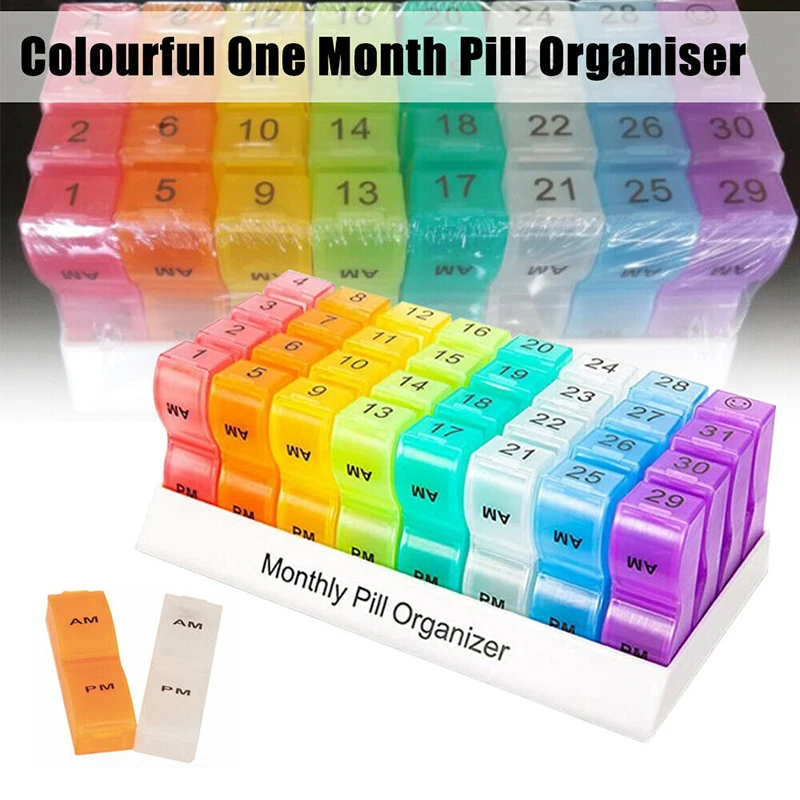 

One Month Organizer Container Box 32 Compartments AM PM Sorting Box Dispenser Case