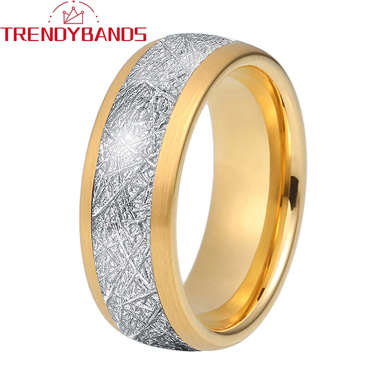 

Gold 8mm Meteorite Inlay Tungsten Carbide Rings Wedding Band For Men Women Brushed Finish Domed Comfort Fit