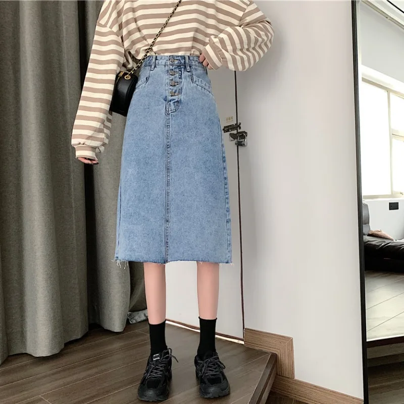 

Split denim half-length skirt 2021 spring and summer new retro Hong Kong style mid-length thin A-line bag hip skirt